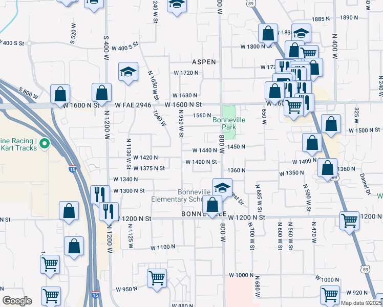 map of restaurants, bars, coffee shops, grocery stores, and more near 915 West 1440 North in Orem