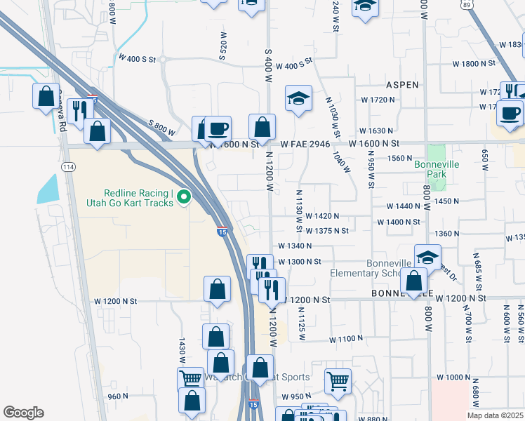 map of restaurants, bars, coffee shops, grocery stores, and more near 77 West 1420 North in Orem