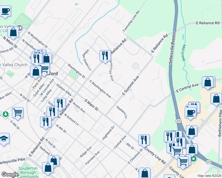 map of restaurants, bars, coffee shops, grocery stores, and more near 383 South Washington Avenue in Telford