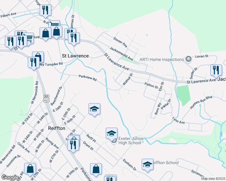 map of restaurants, bars, coffee shops, grocery stores, and more near 499 Parkview Road in Reading