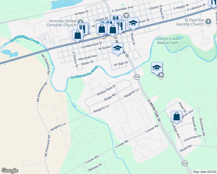 map of restaurants, bars, coffee shops, grocery stores, and more near 304 Quittie Park Drive in Annville