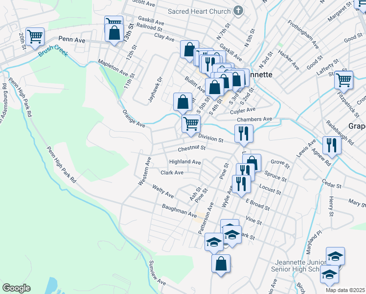 map of restaurants, bars, coffee shops, grocery stores, and more near 410 Chestnut Street in Jeannette