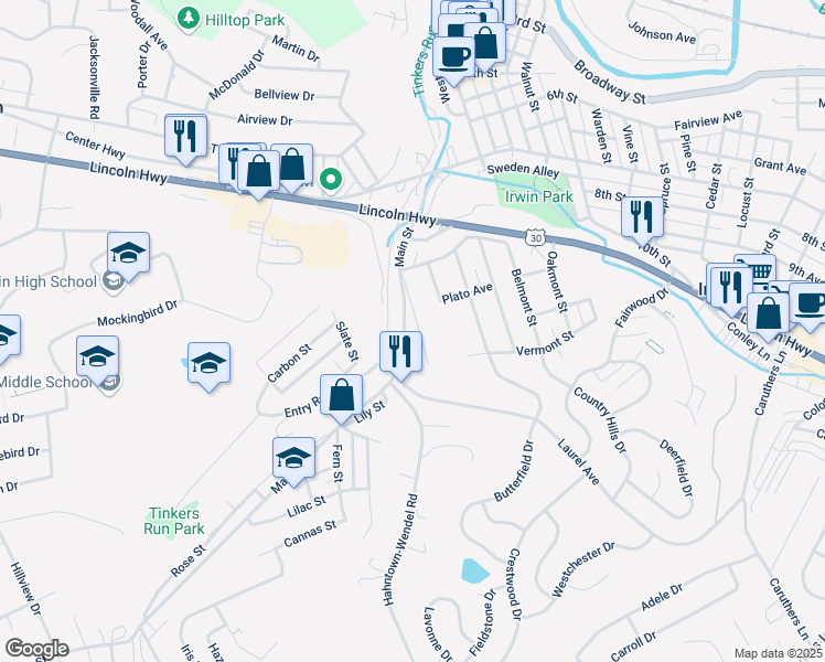 map of restaurants, bars, coffee shops, grocery stores, and more near 251 Main Street in Irwin