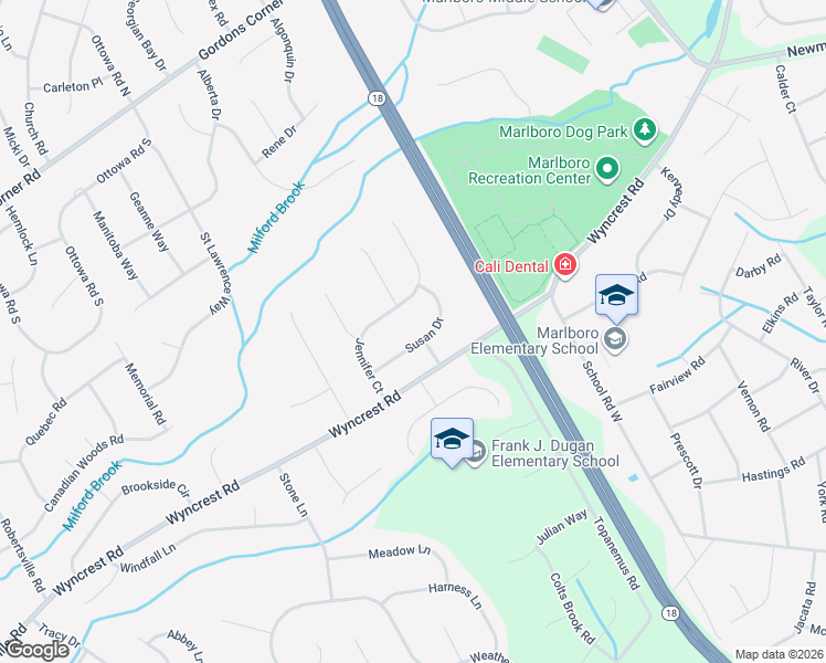 map of restaurants, bars, coffee shops, grocery stores, and more near 11 Susan Drive in Marlboro