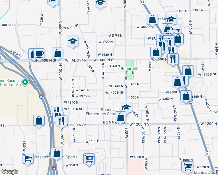 map of restaurants, bars, coffee shops, grocery stores, and more near 915 West 1440 North in Orem