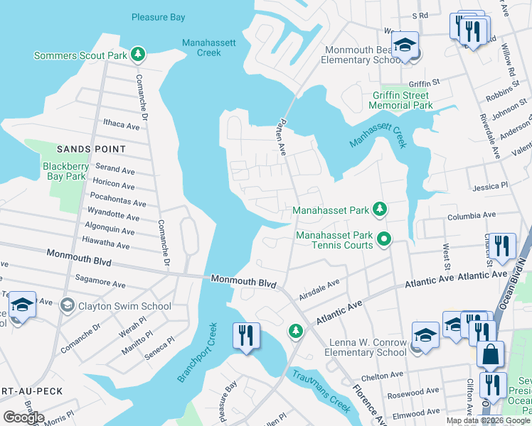 map of restaurants, bars, coffee shops, grocery stores, and more near 27 Sunset Avenue in Long Branch