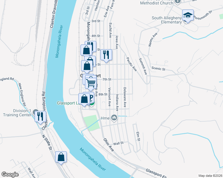 map of restaurants, bars, coffee shops, grocery stores, and more near 515 8th Street in Glassport