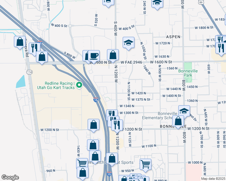 map of restaurants, bars, coffee shops, grocery stores, and more near 1218 West 1420 North in Orem