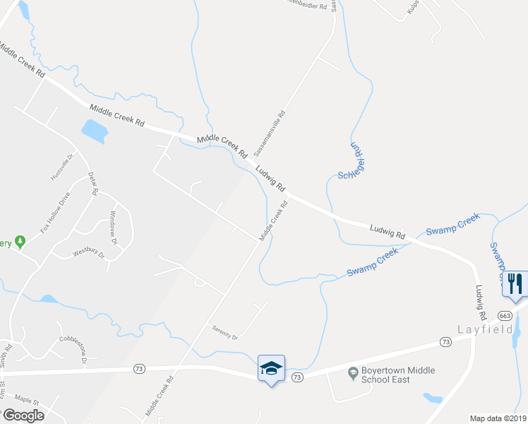 map of restaurants, bars, coffee shops, grocery stores, and more near 3201 Middle Creek Road in Gilbertsville