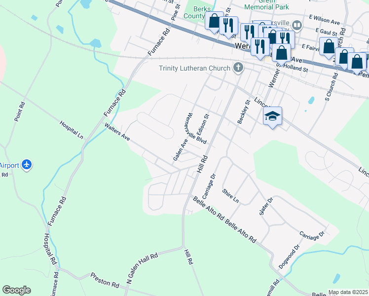 map of restaurants, bars, coffee shops, grocery stores, and more near 71 Grandview Avenue in Wernersville