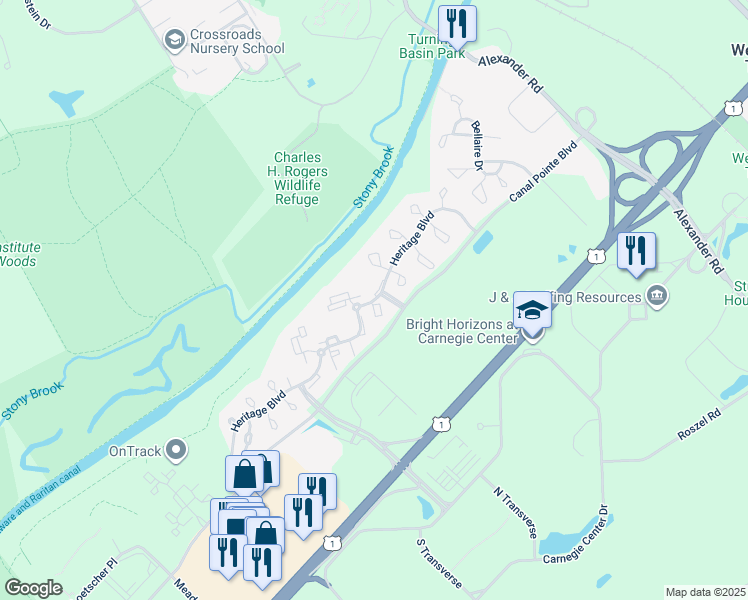 map of restaurants, bars, coffee shops, grocery stores, and more near 135 Heritage Boulevard in Princeton