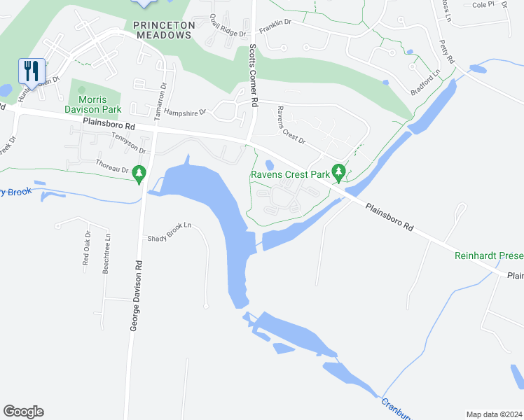 map of restaurants, bars, coffee shops, grocery stores, and more near 1112 Aspen Drive in Princeton Meadows
