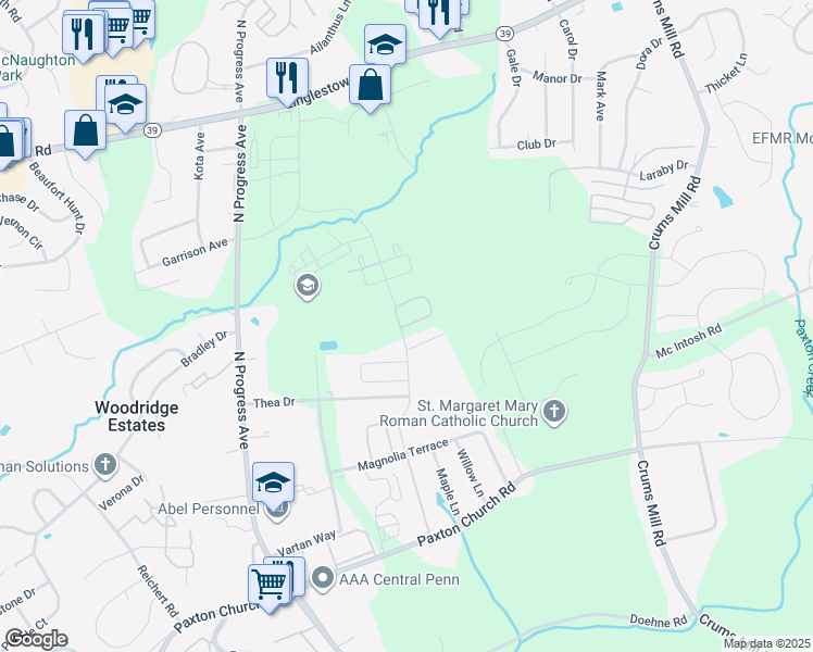 map of restaurants, bars, coffee shops, grocery stores, and more near 2500 Oakwood Lane in Harrisburg