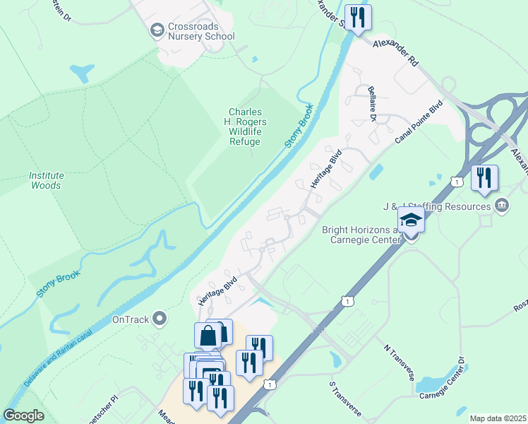 map of restaurants, bars, coffee shops, grocery stores, and more near 205 Salem Court in Princeton