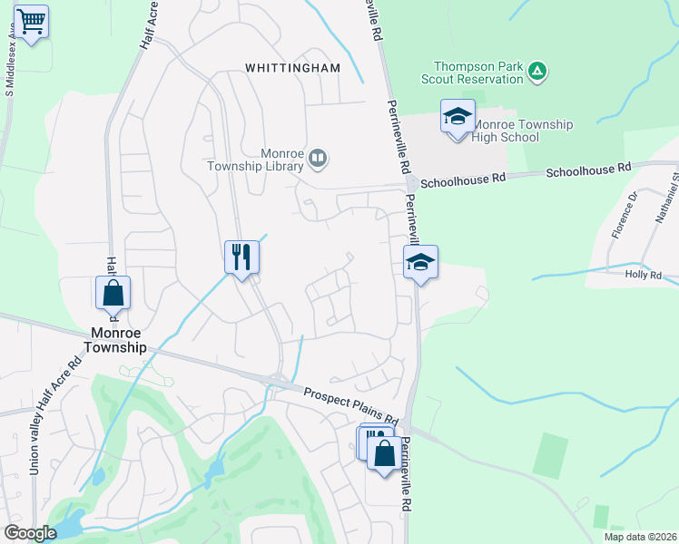 map of restaurants, bars, coffee shops, grocery stores, and more near 19C Rutland Lane in Monroe Township