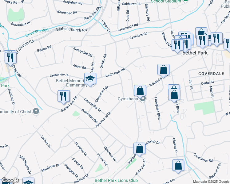 map of restaurants, bars, coffee shops, grocery stores, and more near 435 Linwood Drive in Bethel Park