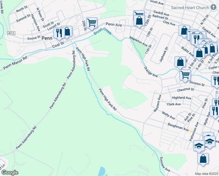 map of restaurants, bars, coffee shops, grocery stores, and more near 650 Penn High Park Road in Jeannette
