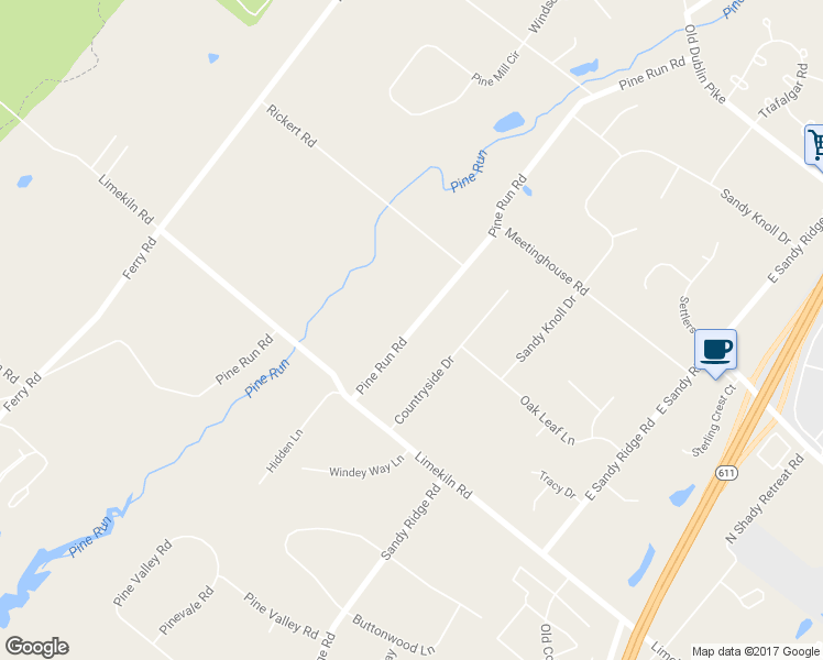map of restaurants, bars, coffee shops, grocery stores, and more near 355 Pine Run Road in Doylestown