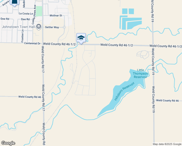 map of restaurants, bars, coffee shops, grocery stores, and more near 749 Crestone Street in Johnstown