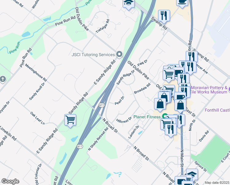 map of restaurants, bars, coffee shops, grocery stores, and more near 104 Sandy Ridge Drive in Doylestown