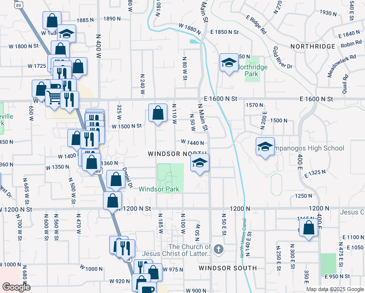map of restaurants, bars, coffee shops, grocery stores, and more near 1406 North 110 West in Orem