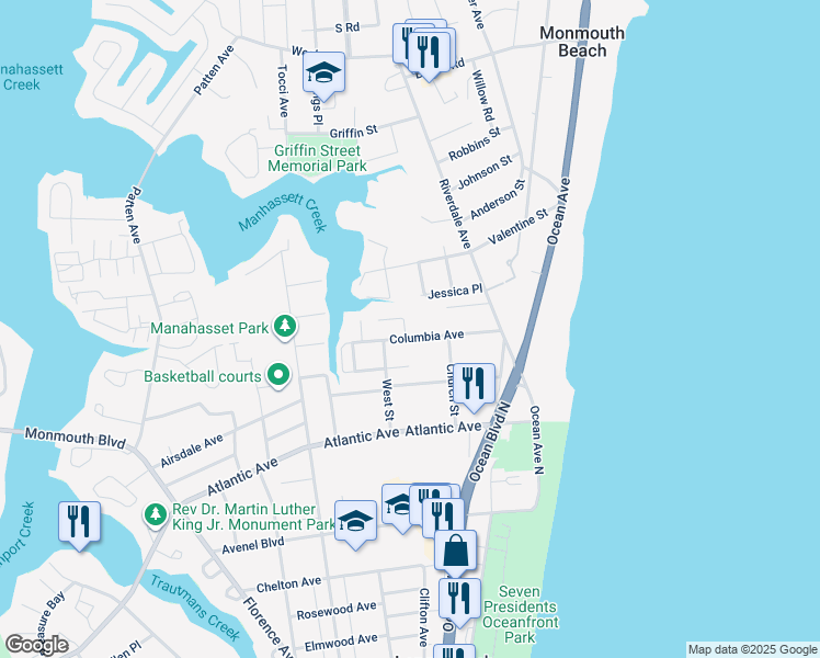 map of restaurants, bars, coffee shops, grocery stores, and more near 80 Columbia Avenue in Long Branch