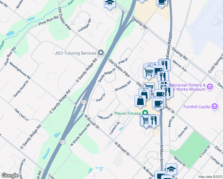 map of restaurants, bars, coffee shops, grocery stores, and more near 16 Broadale Rd in Doylestown