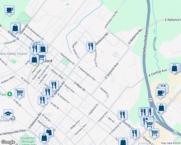 map of restaurants, bars, coffee shops, grocery stores, and more near 370 South Washington Street in Telford