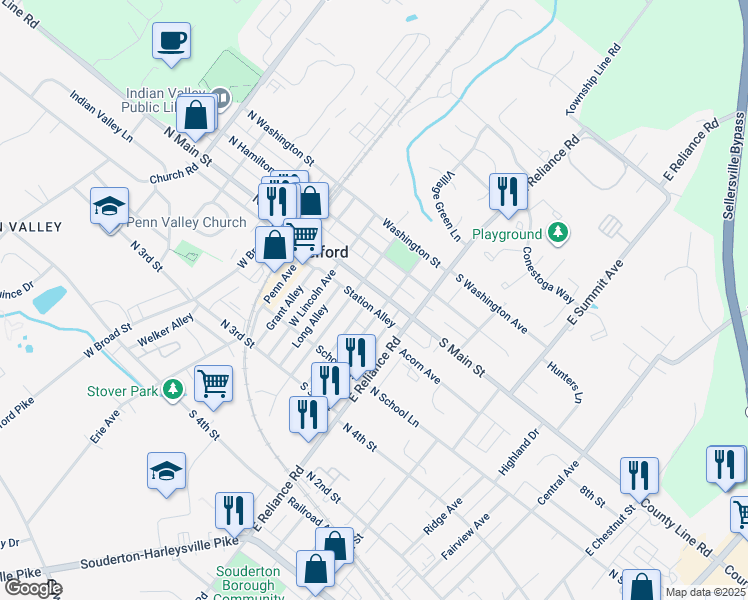 map of restaurants, bars, coffee shops, grocery stores, and more near 204 South Main Street in Telford