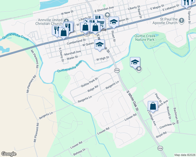 map of restaurants, bars, coffee shops, grocery stores, and more near 211 Ridge Road in Annville
