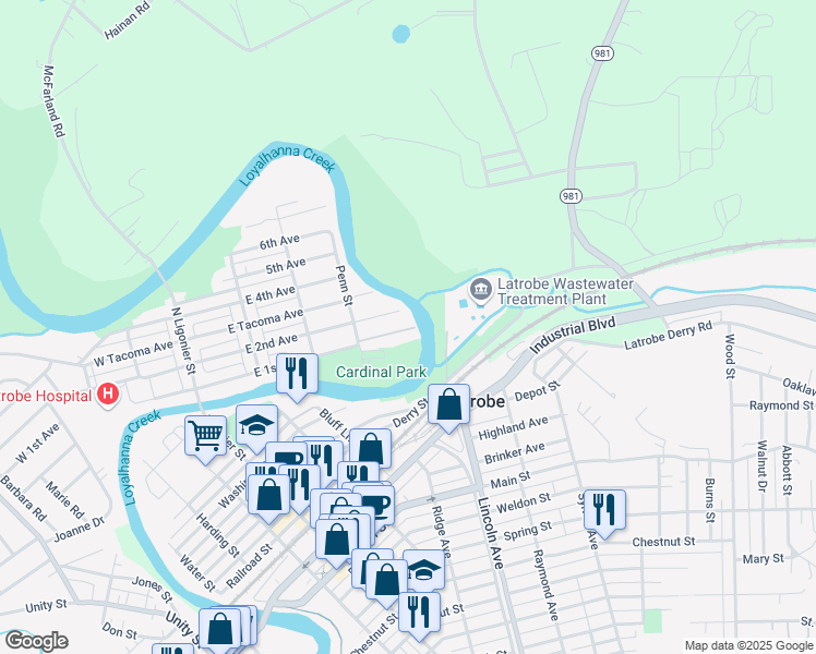 map of restaurants, bars, coffee shops, grocery stores, and more near 399 East 1st Avenue in Latrobe