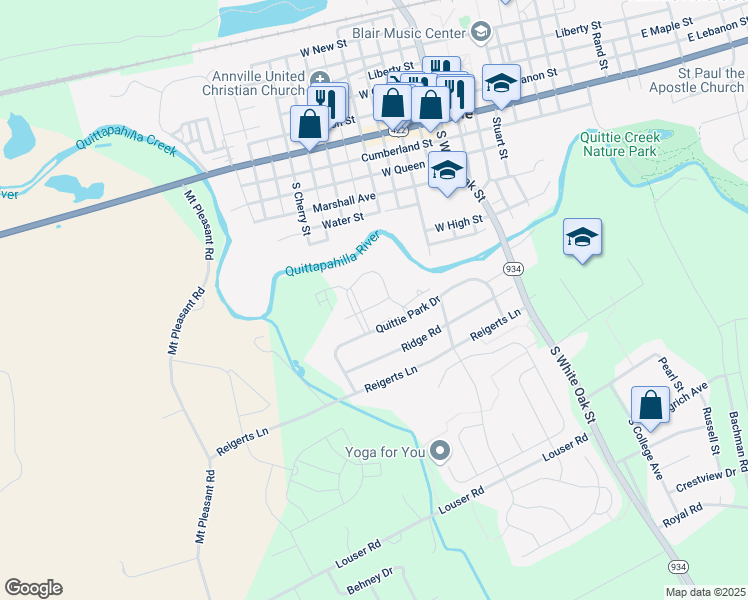 map of restaurants, bars, coffee shops, grocery stores, and more near 211 Highland Court in Annville