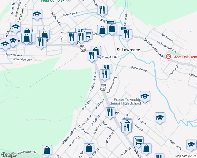 map of restaurants, bars, coffee shops, grocery stores, and more near 3222 Perkiomen Avenue in Reading