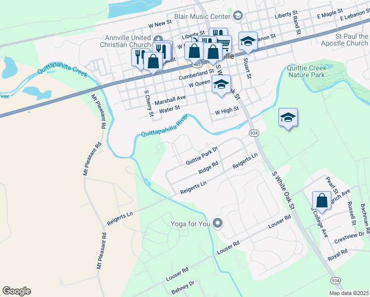map of restaurants, bars, coffee shops, grocery stores, and more near 211 Highland Court in Annville