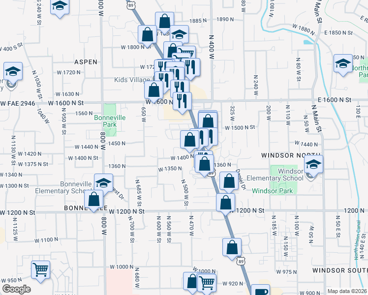 map of restaurants, bars, coffee shops, grocery stores, and more near 512 West 1450 North in Orem