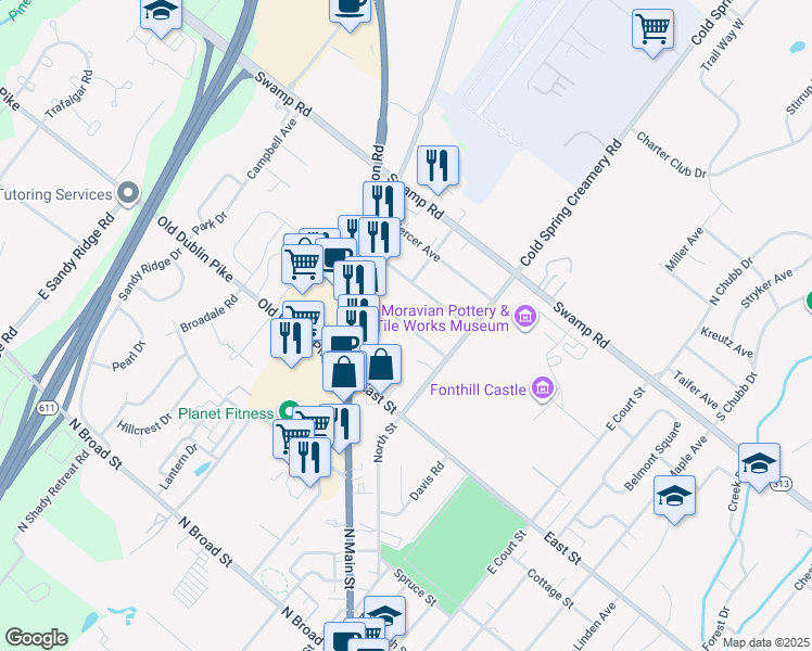 map of restaurants, bars, coffee shops, grocery stores, and more near 102 Fonthill Drive in Doylestown