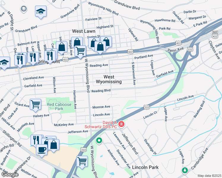 map of restaurants, bars, coffee shops, grocery stores, and more near West Lawn Avenue in West Wyomissing