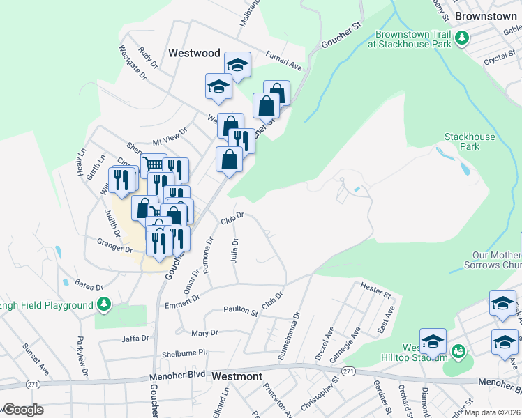 map of restaurants, bars, coffee shops, grocery stores, and more near 1101-1121 Club Drive in Johnstown