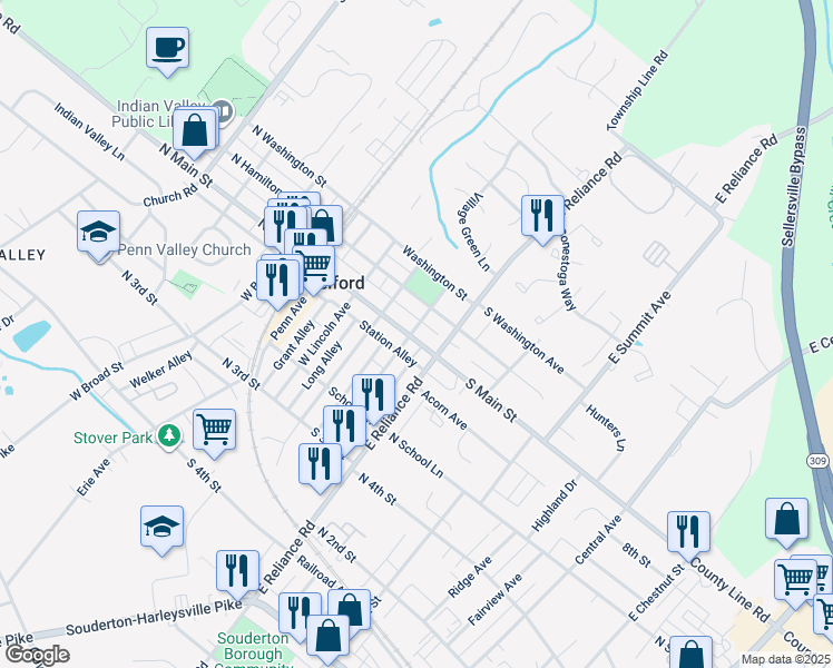 map of restaurants, bars, coffee shops, grocery stores, and more near 203 South Main Street in Telford