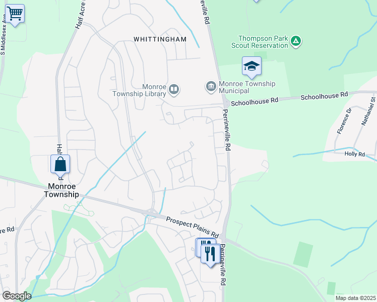 map of restaurants, bars, coffee shops, grocery stores, and more near 38 Rutland Lane in Monroe Township