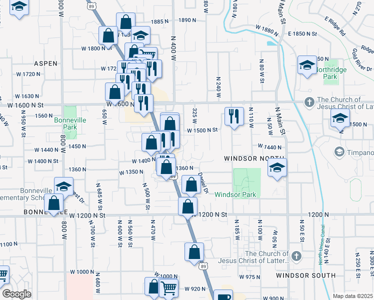 map of restaurants, bars, coffee shops, grocery stores, and more near 1438 North Amiron Way in Orem