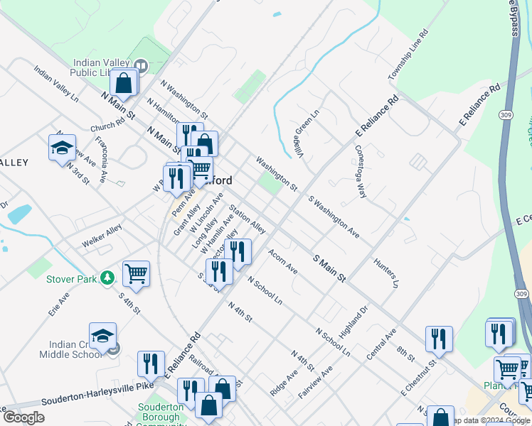 map of restaurants, bars, coffee shops, grocery stores, and more near 203 South Main Street in Telford