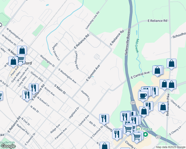 map of restaurants, bars, coffee shops, grocery stores, and more near 300 East Summit Avenue in Telford