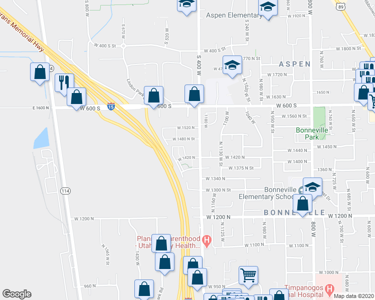 map of restaurants, bars, coffee shops, grocery stores, and more near 77 West 1420 North in Orem