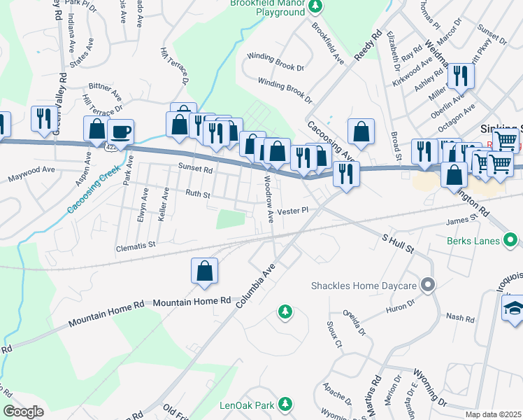 map of restaurants, bars, coffee shops, grocery stores, and more near 111 Woodrow Avenue in Sinking Spring