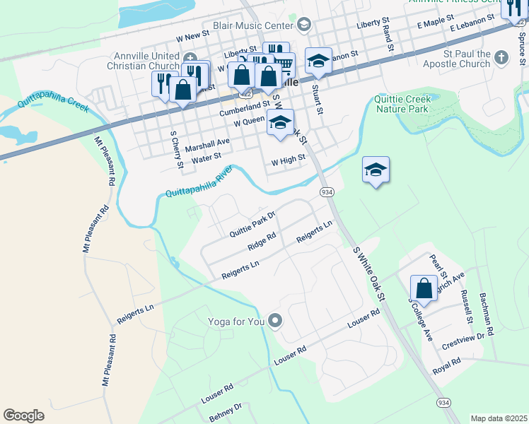 map of restaurants, bars, coffee shops, grocery stores, and more near Glenbrook Court in Lebanon County