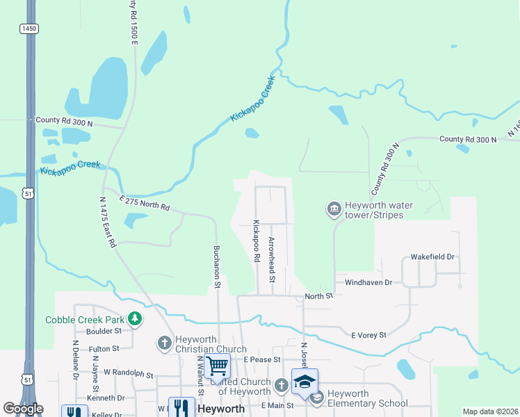 map of restaurants, bars, coffee shops, grocery stores, and more near 1 Wigwam Street in Heyworth