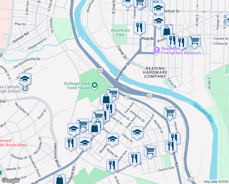map of restaurants, bars, coffee shops, grocery stores, and more near 115 Lancaster Avenue in Reading