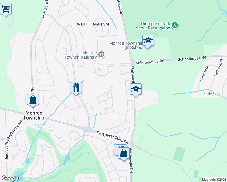 map of restaurants, bars, coffee shops, grocery stores, and more near 44 Rutland Lane in Monroe Township