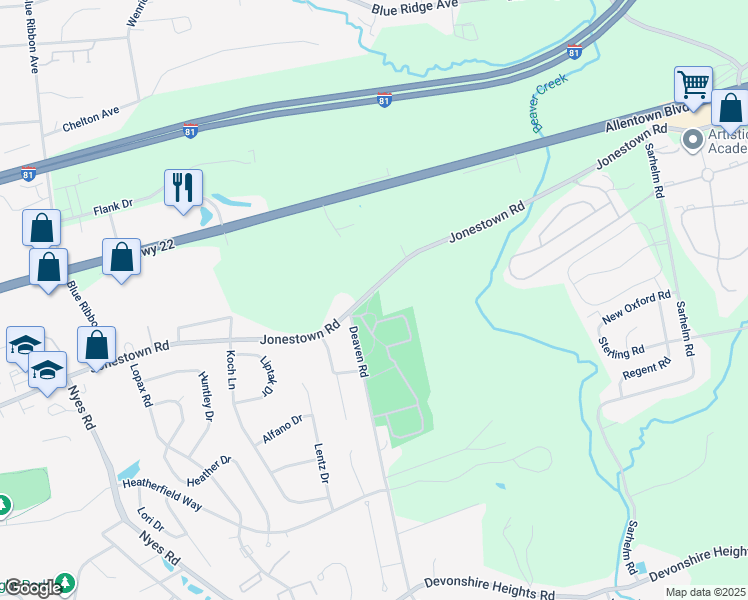 map of restaurants, bars, coffee shops, grocery stores, and more near 6715 Jonestown Rd in Harrisburg